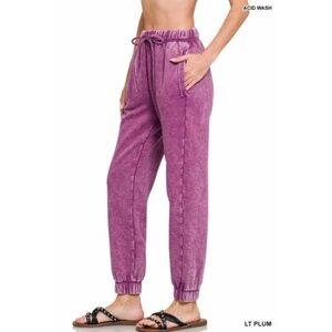 New Zenana Acid Wash Fleece Drawstring Sweatpants Mocha Pockets Joggers Plum